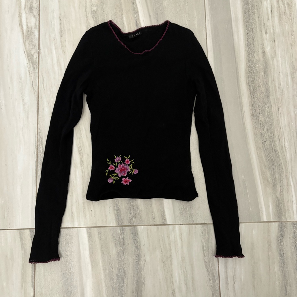 Phard Black Floral Embroidered Top Size XS